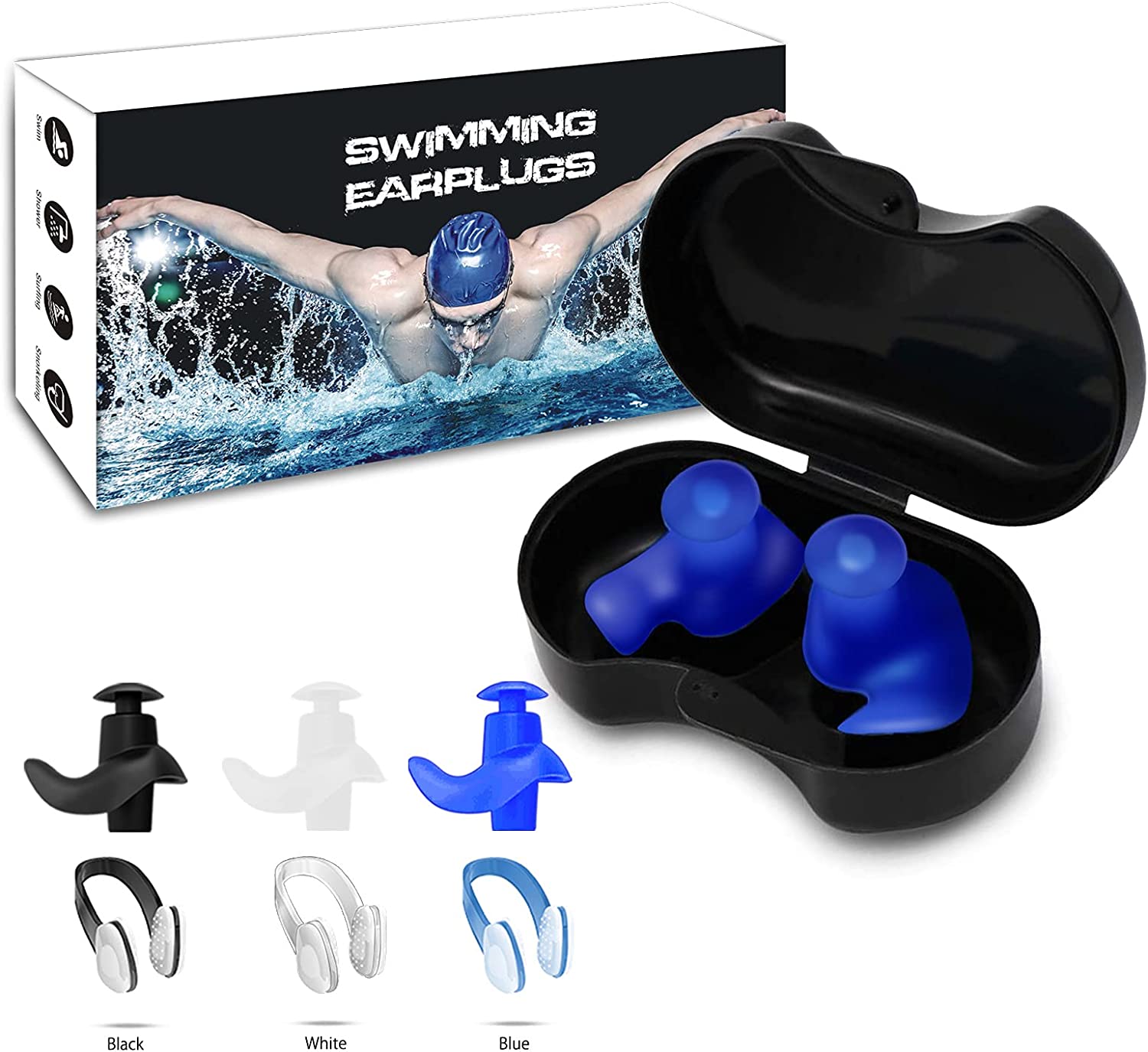 Swimming Ear Plugs Nose Clip Nose Protector, 3 Pairs Professional Waterproof Reusable Silicone Earplugs and Nose Clips for Swimming Surfing Snorkeling Showering Bathing Suitable for Adult and Kids
